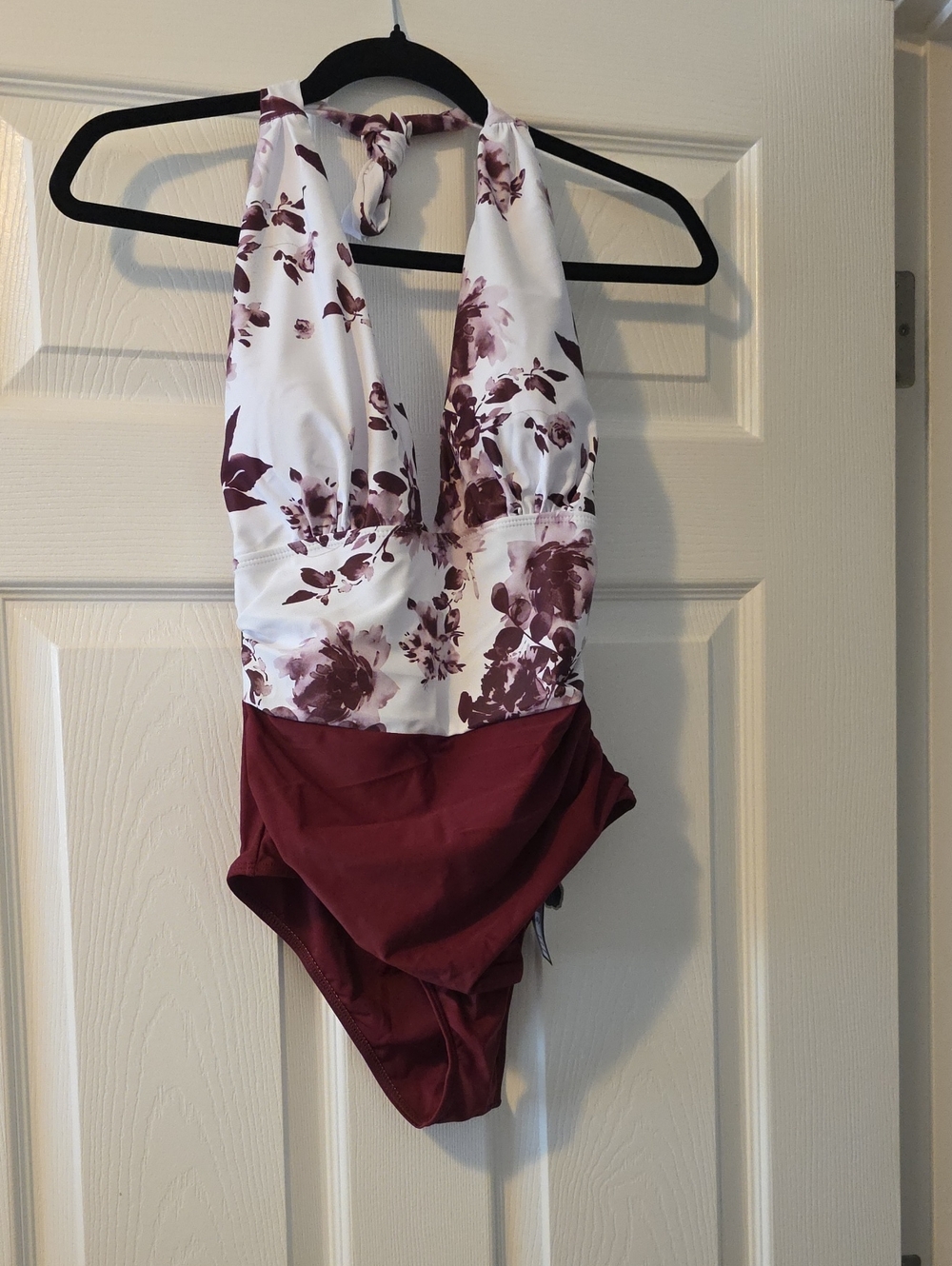 Floral Halter One-Piece Swimsuit in White and Burgundy